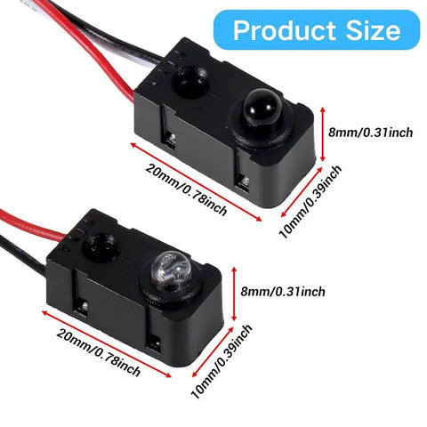 Ultra Fast Infrared Break Beam Sensor Kit with 5mm LEDs, product size specifications, black sensor modules, dimensions labeled.