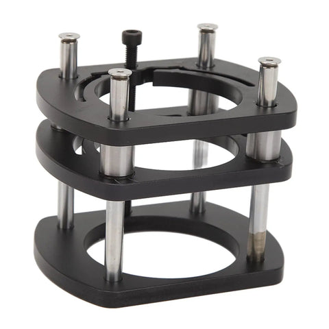 Premium Router Lift System With Smooth Height Adjustment And Durable Aluminum Build For Knocking Your Woodworking Projects Out Of The Park With Rock Solid Four Jaw Clamping And Sweet Precision, close-up of black aluminum frame with chrome rods.