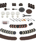 All-Purpose Rotary Tool Accessory Kit With 110 Pieces Including Carving Bit Sanding Drums Grinding Stones Cutting Discs And A Storage Case Gray Ideal For DIY Projects And Home Improvement Tasks, accessories displayed.