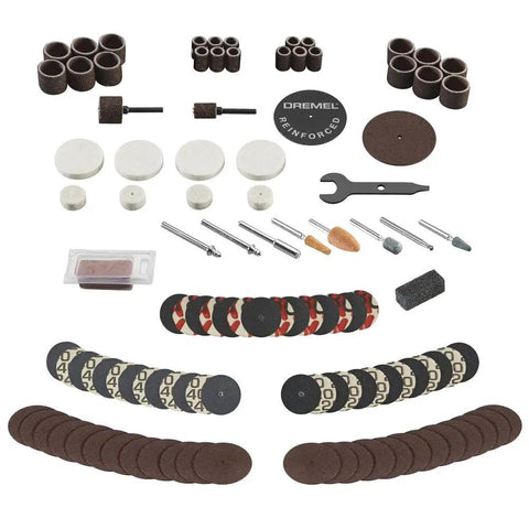All-Purpose Rotary Tool Accessory Kit With 110 Pieces Including Carving Bit Sanding Drums Grinding Stones Cutting Discs And A Storage Case Gray Ideal For DIY Projects And Home Improvement Tasks, accessories displayed.