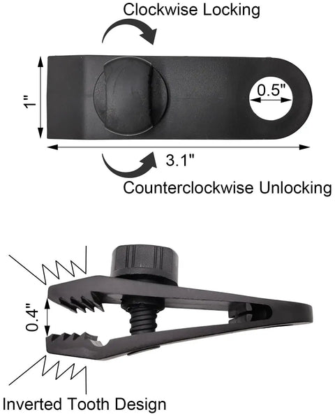 Heavy Duty Tarp Clips 20 Pack With Lock Grip, dimensions and inverted tooth design shown, for secure tarpaulin setup