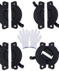 Straight Up Heavy Duty Table Leaf Connectors With Secure Locking Latches For No Sweat Assembly And Built Tough Performance On Folding Dining Tables, 4 black connectors with gloves.