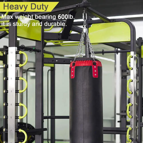 Heavy duty gym setup with hanging punching bag using Beefy Heavy Duty Stainless Steel Carabiner Clips 3.15 Inch 600 Lb Load Capacity