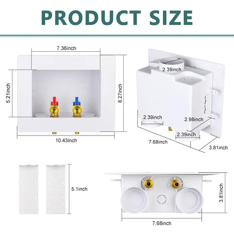Dimensions of Pack of 2 Washing Machine Outlet Boxes With One Half Inch Pex Crimp Inlet To Three Quarter Inch MHT Outlet shown