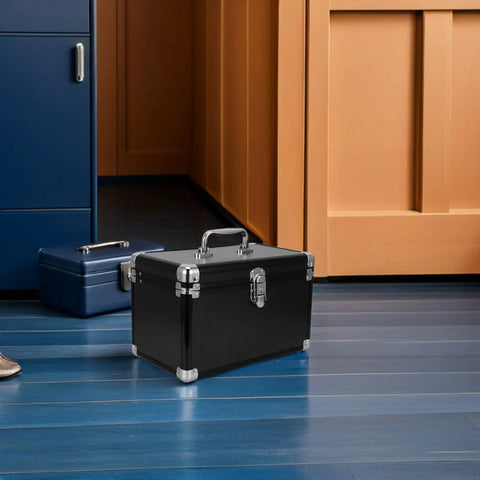 Black portable aluminum tool box with shockproof and dustproof design, 2 layer sealed clasp organizer, ergonomic handle, indoor view.