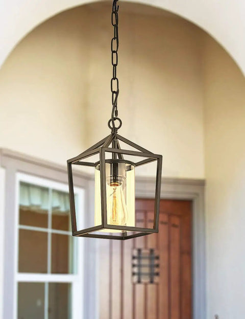 Outdoor Porch Pendant Light With Glass Shade, Vintage Metal Cage Lantern hanging at entryway, classic black finish.