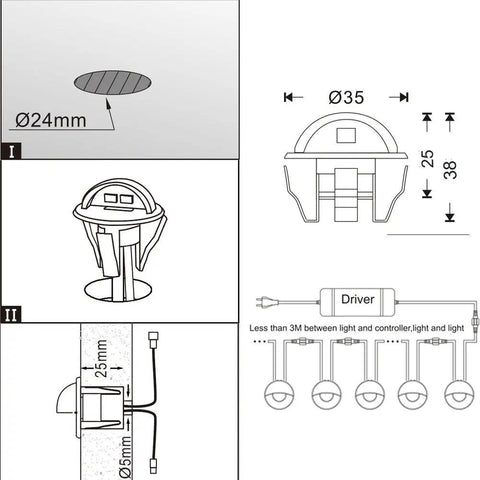 Diagram showing dimensions and installation of Pack Of 20 Warm White Low Voltage LED Deck Lights Kit For Outdoor Garden Pathway Recessed Landscape Lighting Black Housing Easy Install For Steps And Stairways Weatherproof And Durable.
