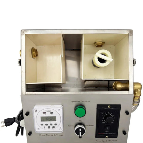 Top view of Hardcore 110 Volt Oil Water Separator for CNC machining centers with control panel and dual compartment tank.
