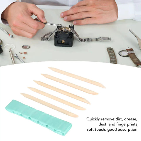 Watch Cleaning Putty Kit For Precision Watch Cleaning And Repair Grime Busting, five wooden sticks and clay plate for delicate parts.