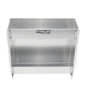 Front view of wall mount aluminum two shelf open storage cabinet for race trailer garage shop enclosed trailer toy hauler silver easy install lip edges and pre drilled mounting holes.