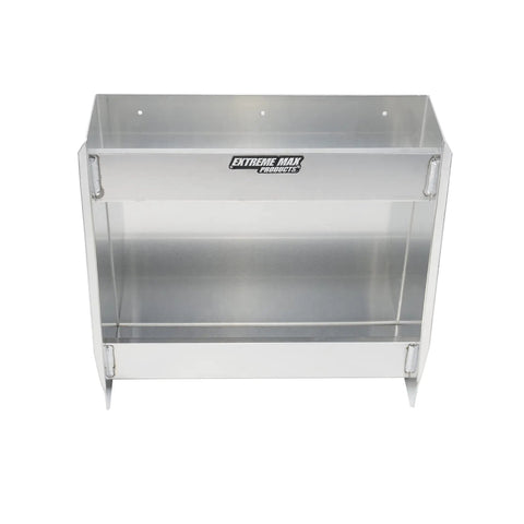 Front view of wall mount aluminum two shelf open storage cabinet for race trailer garage shop enclosed trailer toy hauler silver easy install lip edges and pre drilled mounting holes.