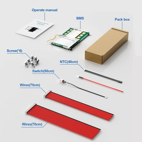 Components of No Fuss Smart Battery Management Board including BMS, manual, screws, wires, and switch.
