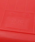 Dang Tough Heavy Duty Stackable Storage Bins In Bold Red With Side Connect Hooks For Garage Workshop Tool Organization durable polypropylene label close-up.