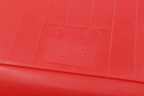 Dang Tough Heavy Duty Stackable Storage Bins In Bold Red With Side Connect Hooks For Garage Workshop Tool Organization durable polypropylene label close-up.