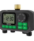 Four Zone Outdoor Sprinkler Timer With Brass Inlet And Large Dial displaying 12:30, controls for soaker hoses, lawns, and garden beds