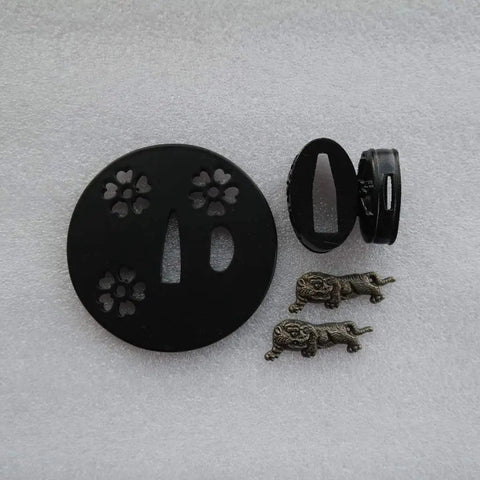 Dope Samurai Sword Tsuba Fuchi Kashira Menuki Iron Set TDZH02, round iron tsuba with floral cutouts and detailed menuki on white background