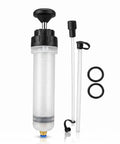 Top Shelf Manual Fluid Extractor Pump For Absolute No Sweat Oil Changes Using Dual Suction Tubes with clear reservoir and hoses.