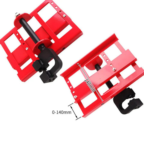 Kickass Portable Chainsaw Mill Guide Rail Positioner featuring red steel frame with adjustable clamp for lumber processing.