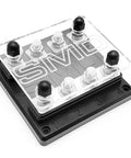 Premium Quality Heavy Duty SMD Quad Fuse Block With Solid Aluminum Busbar And Clear Tough Cover Bulletproof Protection, black and clear, top view.