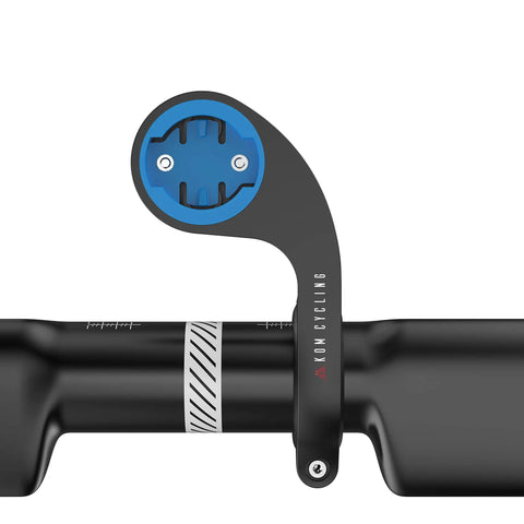 Handlebar Mount For Wahoo Elemnt Roam Bolt Mini And Elemnt Devices, black aluminum with blue lock, on handlebar.