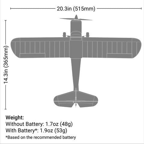 Champ Anniversary Edition 515mm RC Trainer Airplane top view with dimensions and weight specifications displayed.