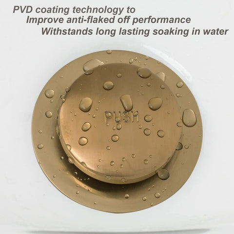 Easy Fit Tub Drain Trim Kit With Two-Hole Overflow Faceplate In Champagne Bronze, Tap-To-Open Stopper, water droplets visible