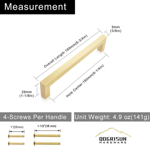 Diagram of 5 Pack Solid Brass Cabinet Pulls With Six And A Quarter Inch Hole Centers In Brushed Matte Gold showing dimensions