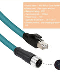 M12 X Coded 8 Pin Female To RJ45 Cat7e Ethernet Patch Cable For Industrial Automation, IP67, gold-plated contacts, close-up view