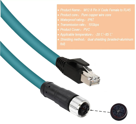 Rugged M12 X-Coded 8-Pin Female To RJ45 Cat7e Ethernet Patch Cable with IP67 waterproof design and gold-plated contacts for industrial use.