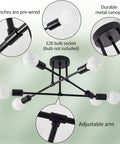 Six Lights Sputnik Style Semi Flush Mount Ceiling Chandelier In Black Finish With E26 Bulb Base showing pre-wired branches and canopy
