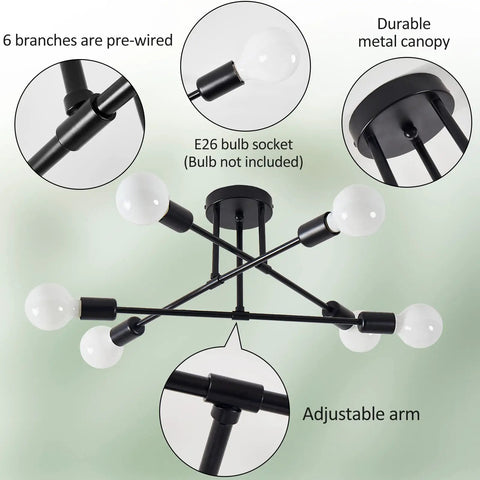 Six Lights Sputnik Style Semi Flush Mount Ceiling Chandelier In Black Finish With E26 Bulb Base showing pre-wired branches and canopy