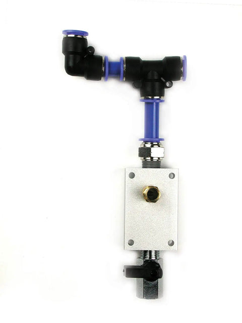Solid 7 Piece Air Line Fitting Kit 1 2 Inch Push To Connect Pneumatic Outlet Block featuring a shutoff valve and couplers.