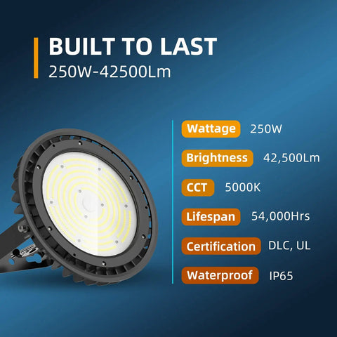 UFO LED High Bay Light 250W Ultra Bright 170LM Per W With 42,500LM Output, showcasing features like wattage 250W