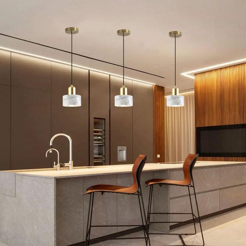 Straight Up Stylish Nordic Modern Marble And Stainless Steel Pendant Ceiling Light With E27 Bulb Socket in contemporary kitchen setting.