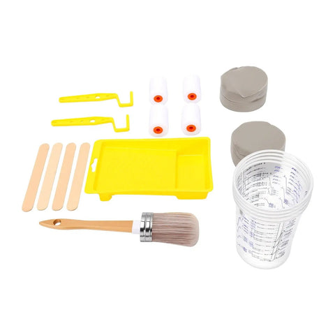 Complete Furniture Glow Up Paint Roller Kit With Mini Rollers And Sponge Brushes For Cabinet Refinishing High Density Foam Tools Including Mixing Cups And Tray Liner featuring rollers, brushes, tray, and cups.