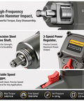 Professional Grade Half Inch Air Impact Wrench Boasting Dual Hammer Action And Stepless Speed Trigger features precision steel drive shaft.