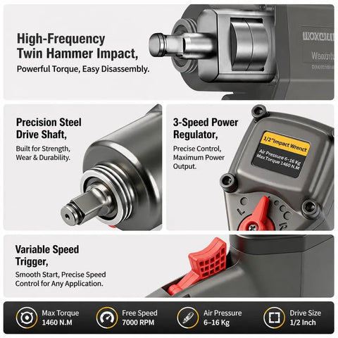 Professional Grade Half Inch Air Impact Wrench Boasting Dual Hammer Action And Stepless Speed Trigger features precision steel drive shaft.