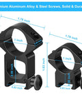 Hella Durable One Inch Scope Rings Single Screw Picatinny Rail Mount shown with dimensions, solid aluminum construction for rifles.