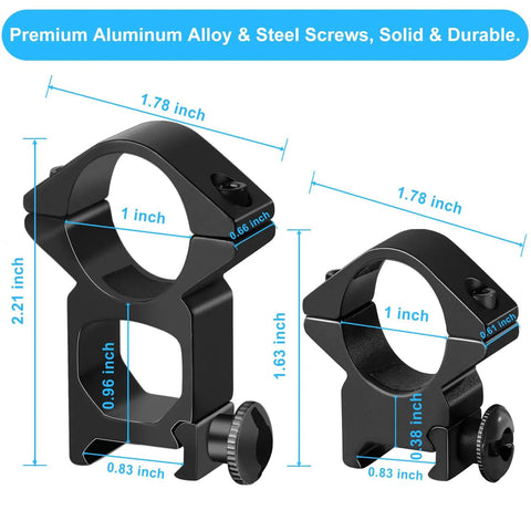 Hella Durable One Inch Scope Rings Single Screw Picatinny Rail Mount shown with dimensions, solid aluminum construction for rifles.