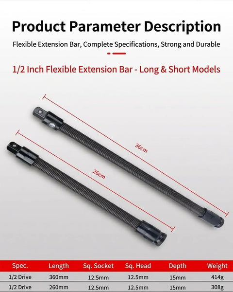 One Half Inch Flexible Socket Drill Bit Shaft Extension And Wrench Extender For Impact Drills And Torque Adapters 360 Degree Bendable Flex Rod Tools Long Reach Bar Set Six Pack showing long and short models with specs.