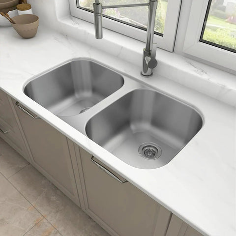 Undermount Double Bowl Kitchen Sink 32 By 18 By 9 Inches, 18 Gauge 304 Stainless Steel, Satin Finish, Quiet Operation With Noise Reduction Pads