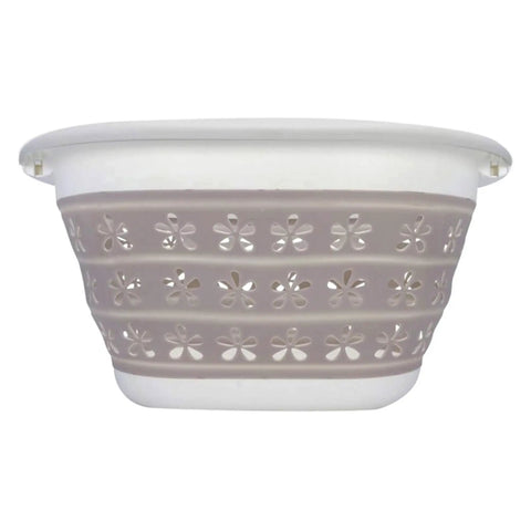 Collapsible Laundry Basket With Handles, Small Taupe White Pop Open Waterproof Plastic Bin, side view with floral pattern.