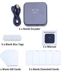 RFID Decoder And Proximity Encoder Kit With 125kHz Reader Writer showing encoder, manual, disc tags, ISO and clamshell cards