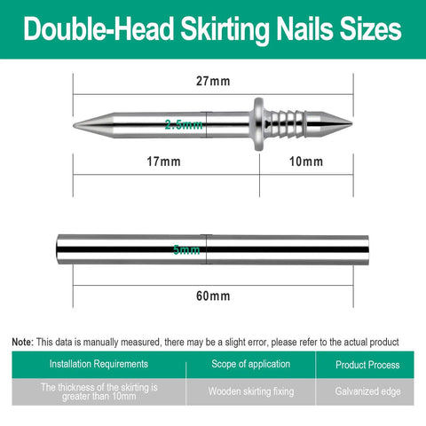 500 Piece Double Head Skirting Nails Kit With Sleeve Tool, Invisible Thread Trim Pins For Flawless Baseboard And Crown Molding, size measurements with dimensions.