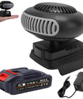Stay Hella Toasty On The Road Or At Camp With This Plug Free Battery Powered Space Heater on a hand with battery and charger.