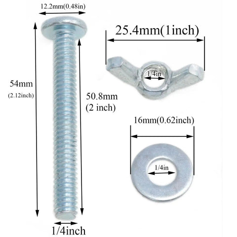 Heavy Duty 10 Piece Wing Nuts And Bolts With Washers Tool Free Hand Tighten Fastener Set Built Solid For Quick Fixes And Reliable Grip No Sweat Mechanic Hardware 1 4 By 2 Inch components showing bolt, wing nut, and washer with dimensions.