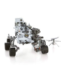 Metal Earth Mars Rover Perseverance And Ingenuity Helicopter 3D Metal Model Kit, assembled view of rover and helicopter model.