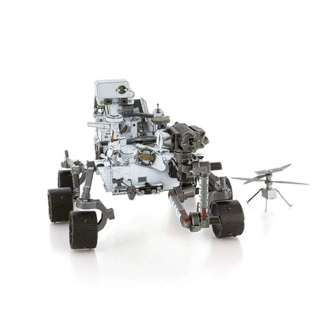 Metal Earth Mars Rover Perseverance And Ingenuity Helicopter 3D Metal Model Kit, assembled view of rover and helicopter model.