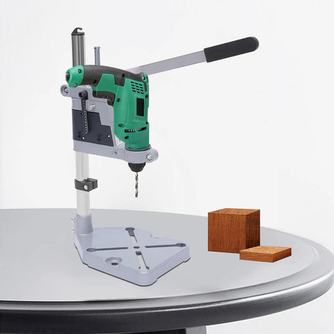 Universal Drill Press Stand With Aluminum Base For Desktop Workbench Clamp Holder displaying setup on table with drill attachment.