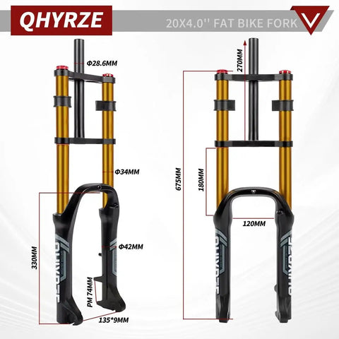 20 Inch Fat Tire EBike Air Suspension Fork With 140Mm Travel Rebound Adjustable Straight Steerer 9X135Mm QR 74Mm Disc Double Crown Front Fork For 20X4.0 Fat Bikes And EBikes Gold, showing front view "QHYRZE"